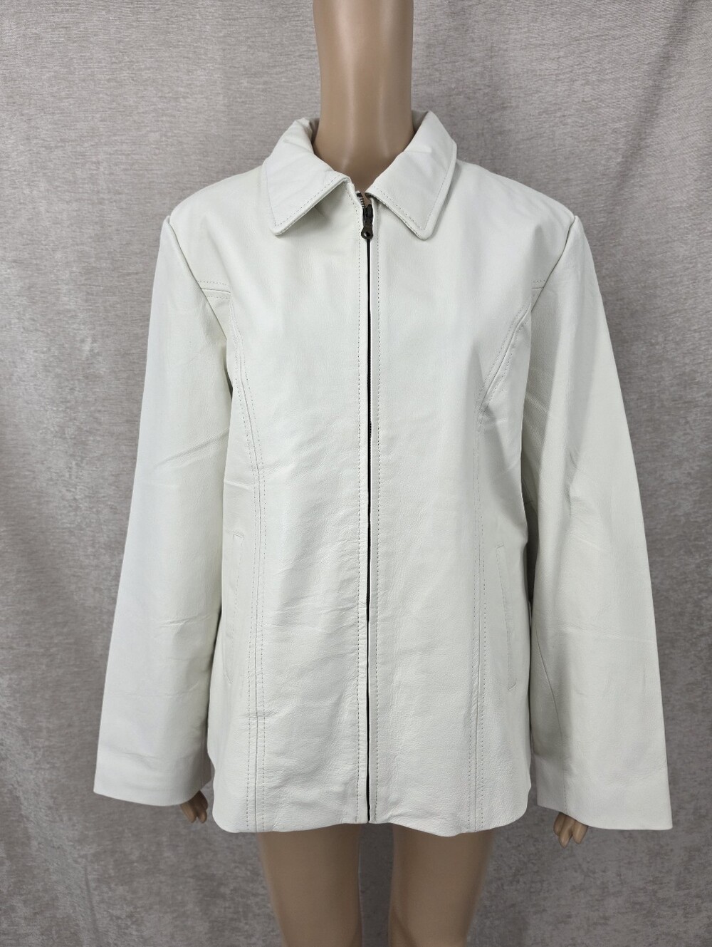 Vintage Y2K Women's White Ivory Zip-Front Leather Moto Jacket